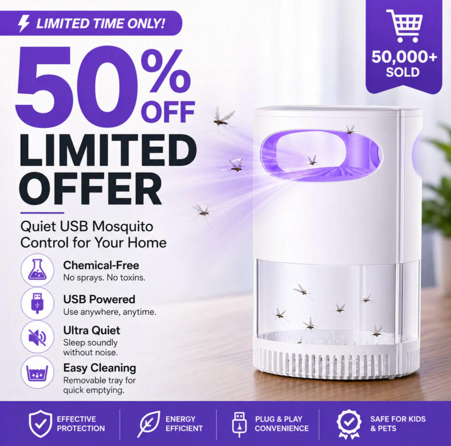 🦟SUMMER HOT SALE 50% OFF! 🔇UV Mosquito Killer Lamp – quiet, USB, chemical! 🌙