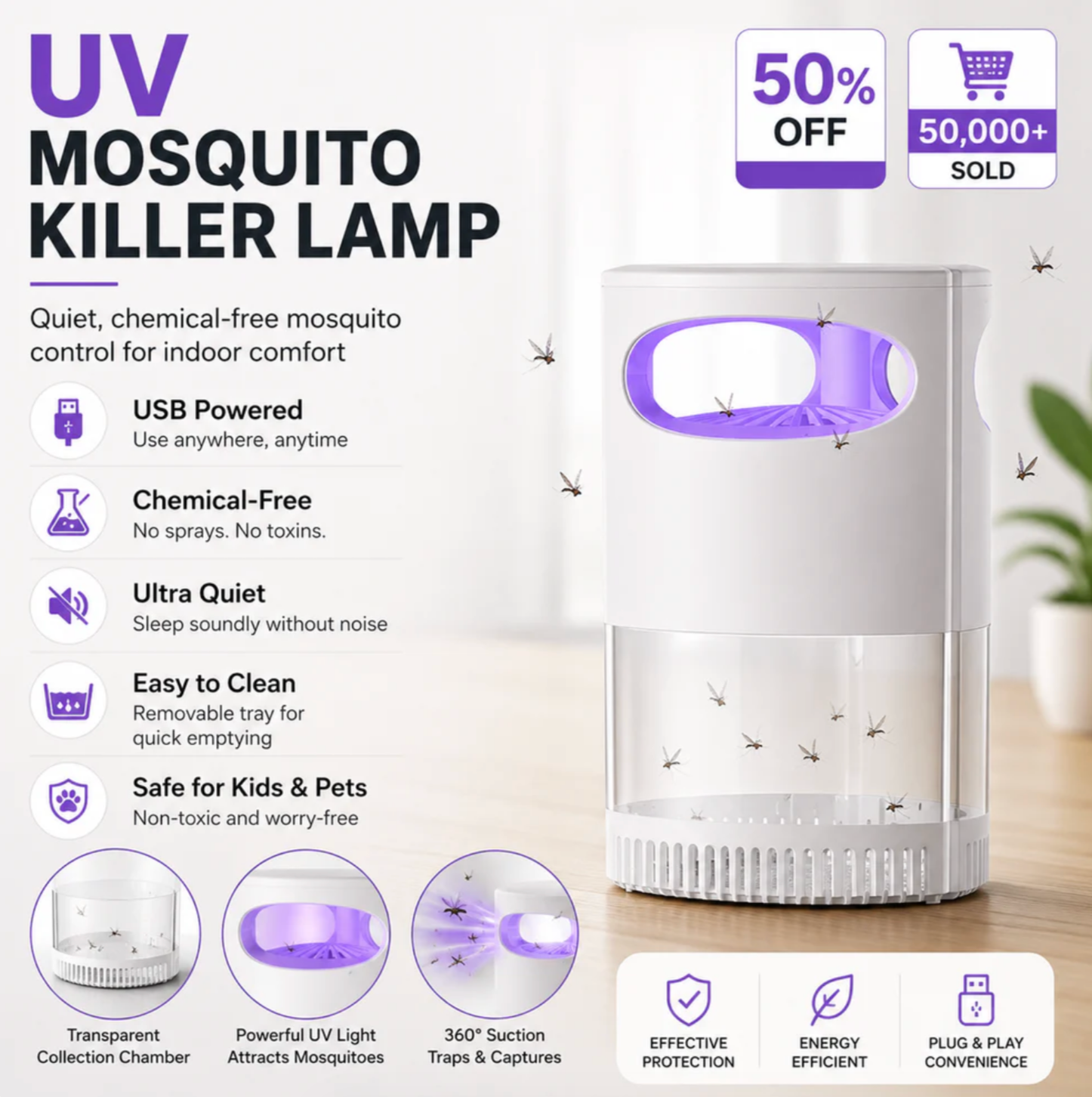 🦟SUMMER HOT SALE 50% OFF! 🔇UV Mosquito Killer Lamp – quiet, USB, chemical! 🌙